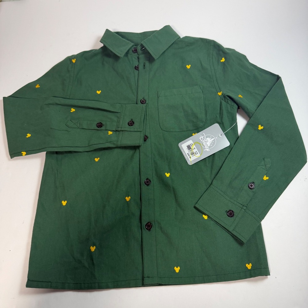 Disney Parks Kids Green Mickey Mouse Embroidered Button Down Shirt Size 9/10 NWT